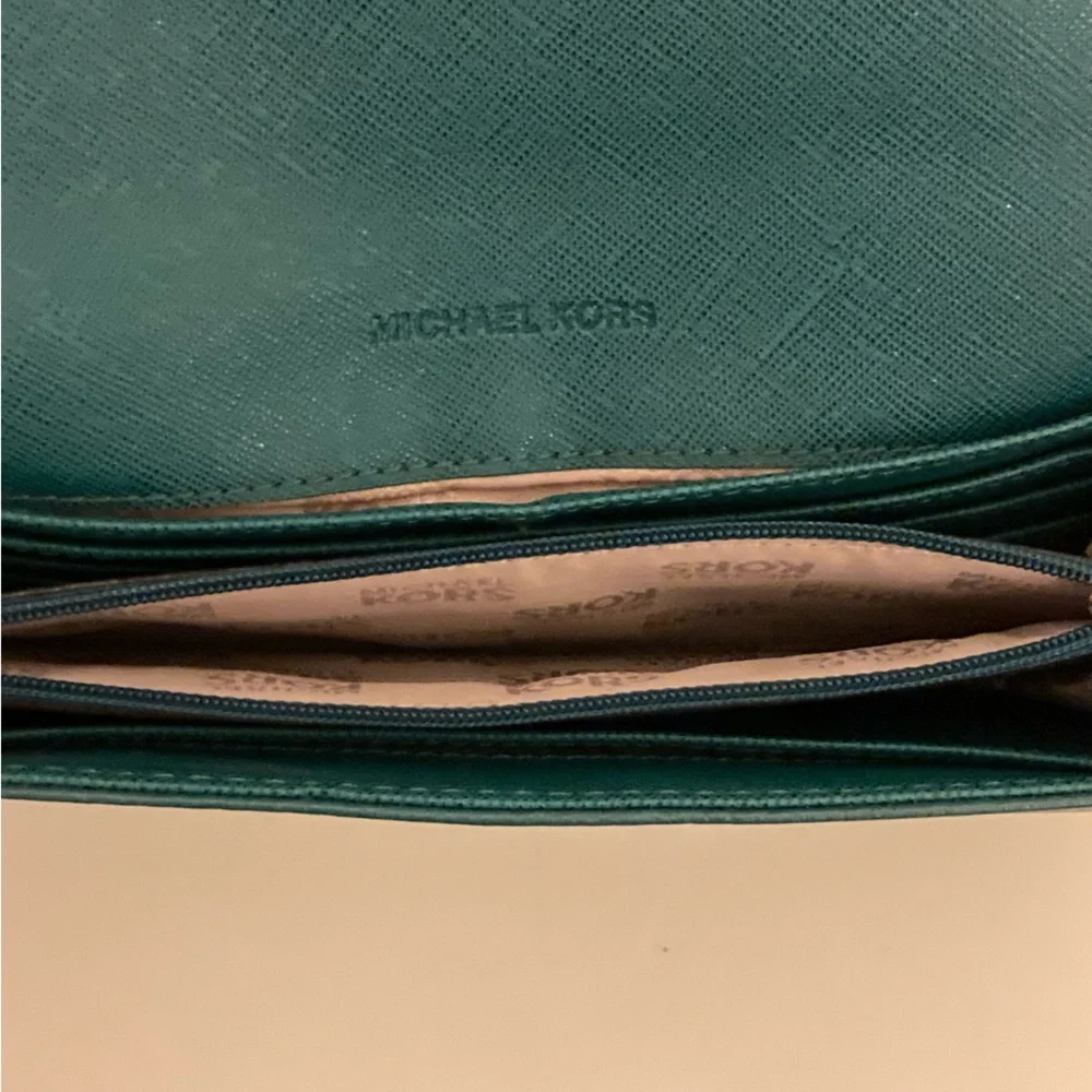 Michael Kors Dark Teal Pebbled Leather Wallet with Gold MK Emblem - Picture 11 of 13
